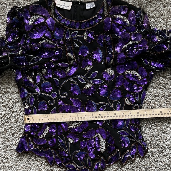 Vintage Lawrence Kazar Sequin Beaded Embellished Silk Blouse Purple in M - Picture 13 of 16